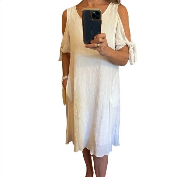 SOFT SURROUNDINGS White Destin Gauze Cold Shoulder Pockets MIDI Dress.Size XS - Picture 3 of 14